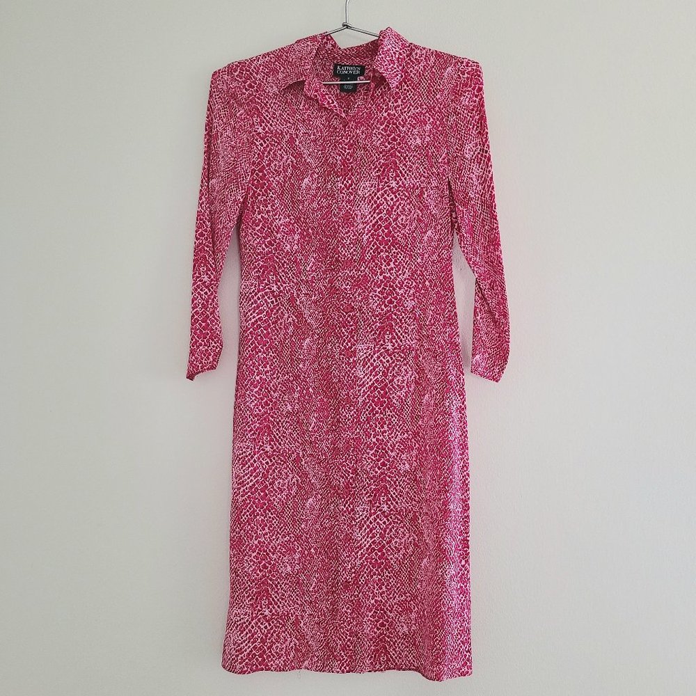 Vintage Kathryn Conover Pink Magenta Silk Snake Print Classic Shirt Dress
